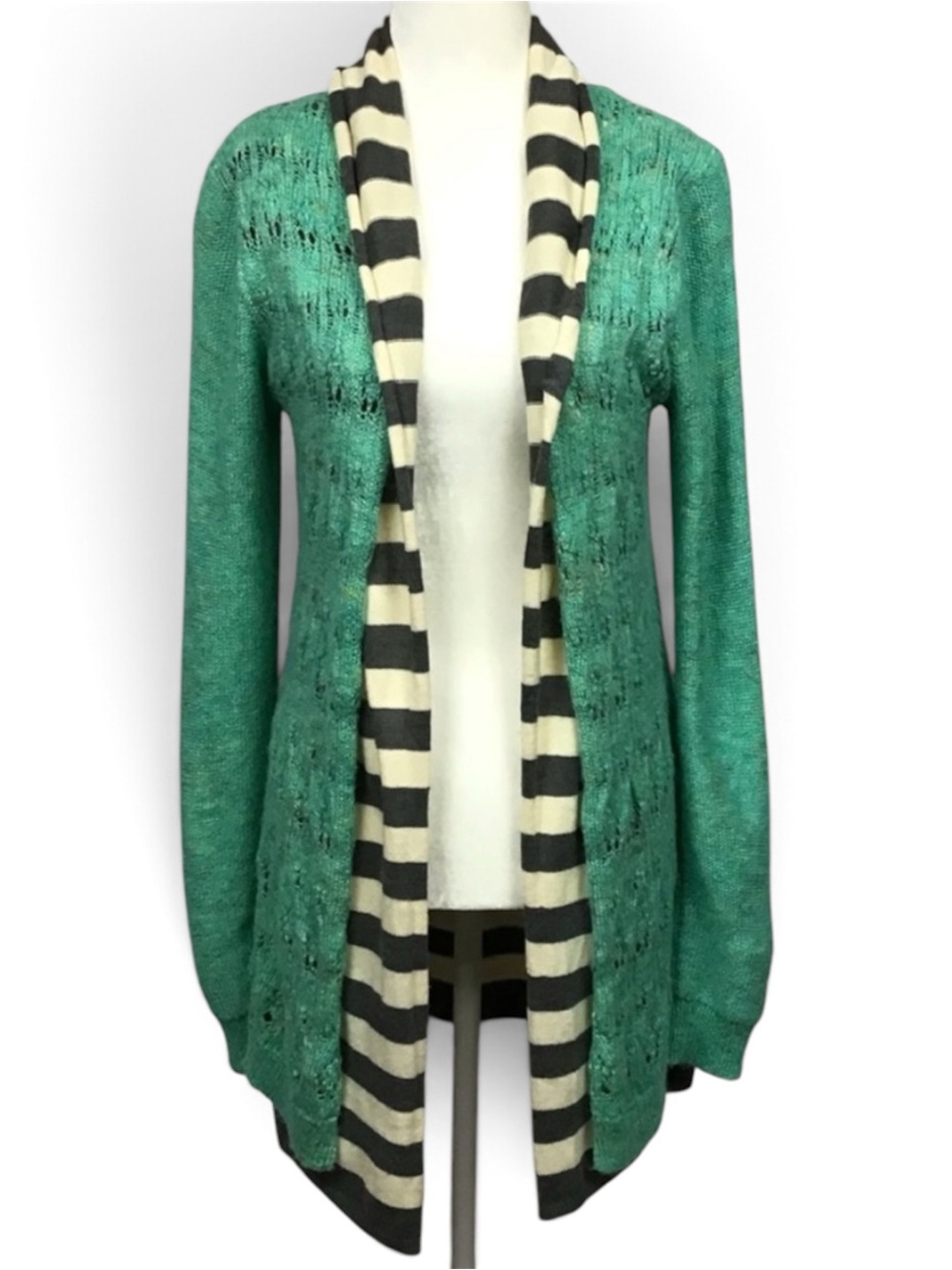BKE Buckle Open Front Overlay Striped Long Cardigan Sweater Turquoise Gray XS